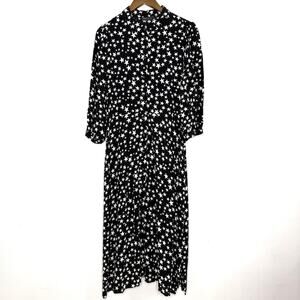 M&S Collection Dress Womens 10 Black Star Print Stars Midi Smocked 3/4 Sleeve